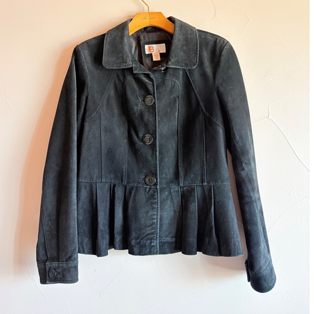 VTG Bernardo Black Suede Leather Peplum Pleated Jacket Collared Button Front M